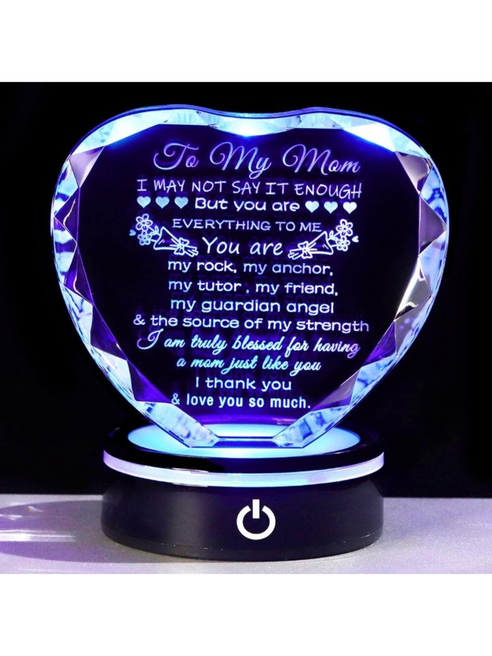 Unique Crystal Heart Keepsake Gift for Mom | Colorful LED Base | Perfect for